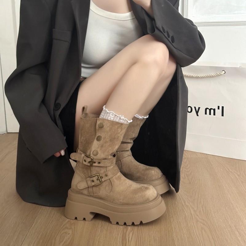 Black retro thick heel platform Martin boots women's 2025 new spring and autumn British style thin and heightened medium boots