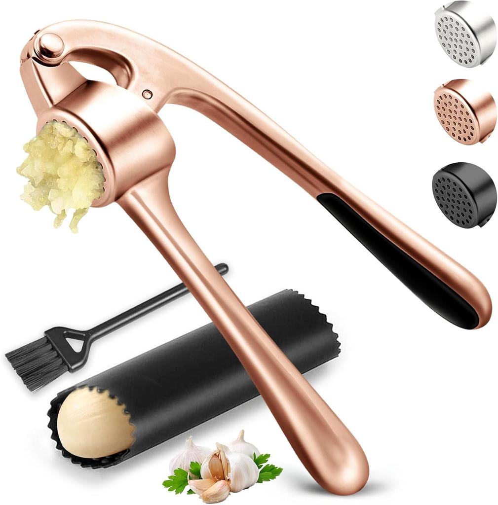 Kitchen Garlic Press Stainless Steel, Premium Rust Proof Dishwasher Safe Garlic Mincer, Durable Garlic Crusher Set with Peeler Brush, Easy To Clean