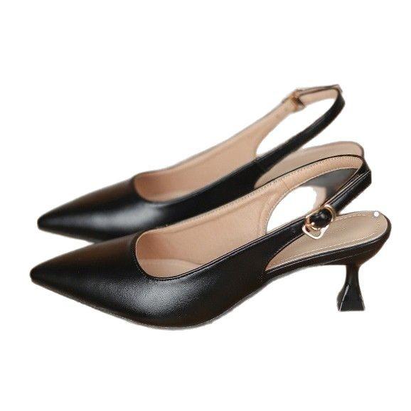 Sharp pointed back hollow thin heel French high heels for women in summer 2025 new one-piece sexy black toe sandals for women