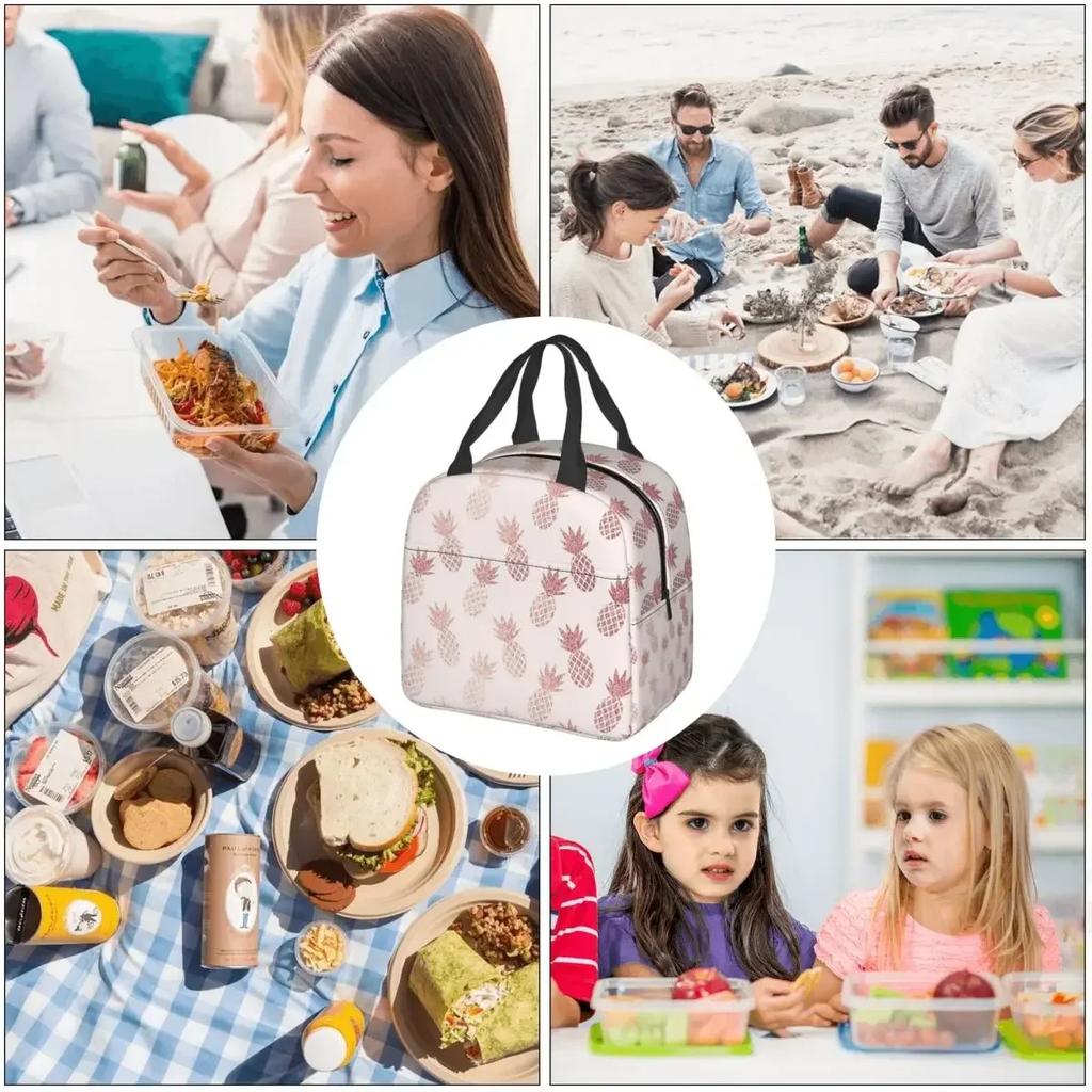 Gold Pineapple Pattern Insulated Lunch Bag for Women Kids Portable Food Boxes Thermal Lunch Box Tote