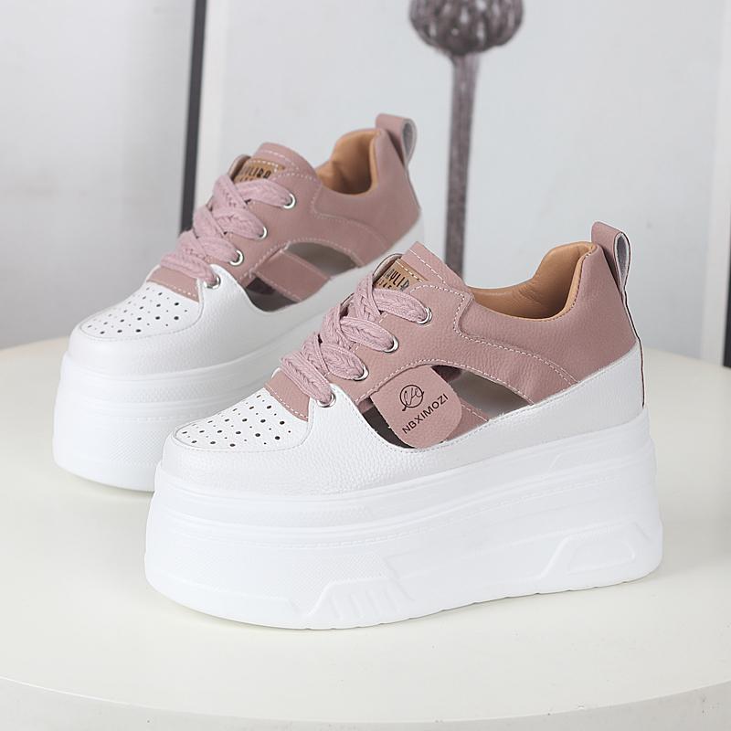 Fashion 12CM Genuine Leather Vulcanized Platform Wedge Casual Women Summer Shoes Fashion Sneakers Hollow Heels Increase Shoes