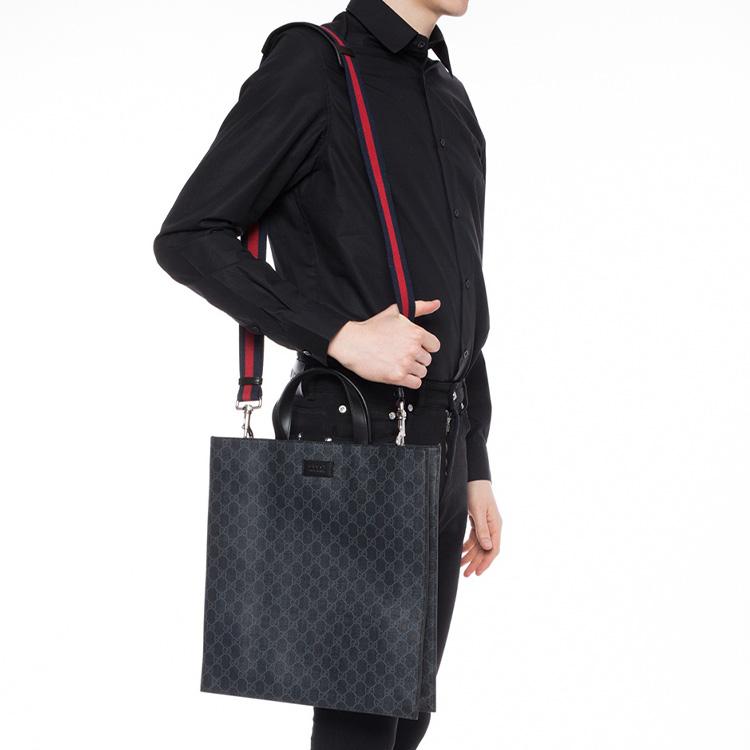 Gucci Large Vertical Logo Stripe Web Shoulder Strap Canvas And Leather Tote Bag Men tote Black Gray 495559-K5IAN-1095