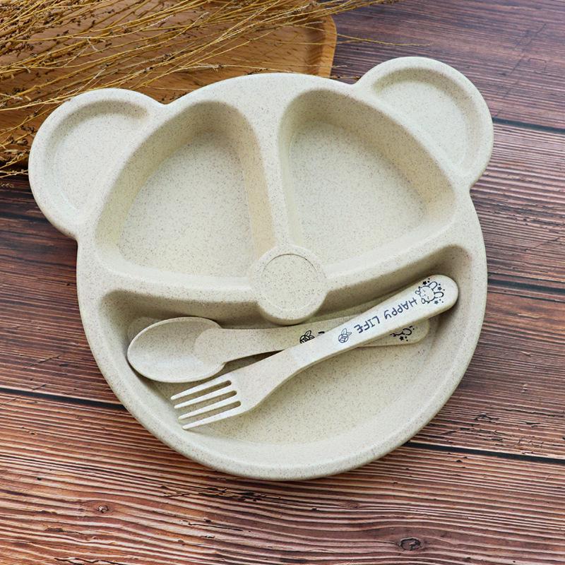 Wheat Bear Kids Dinner Set: Creative Compartment Plate, Breakfast Plate, Fork & Spoon for Babies