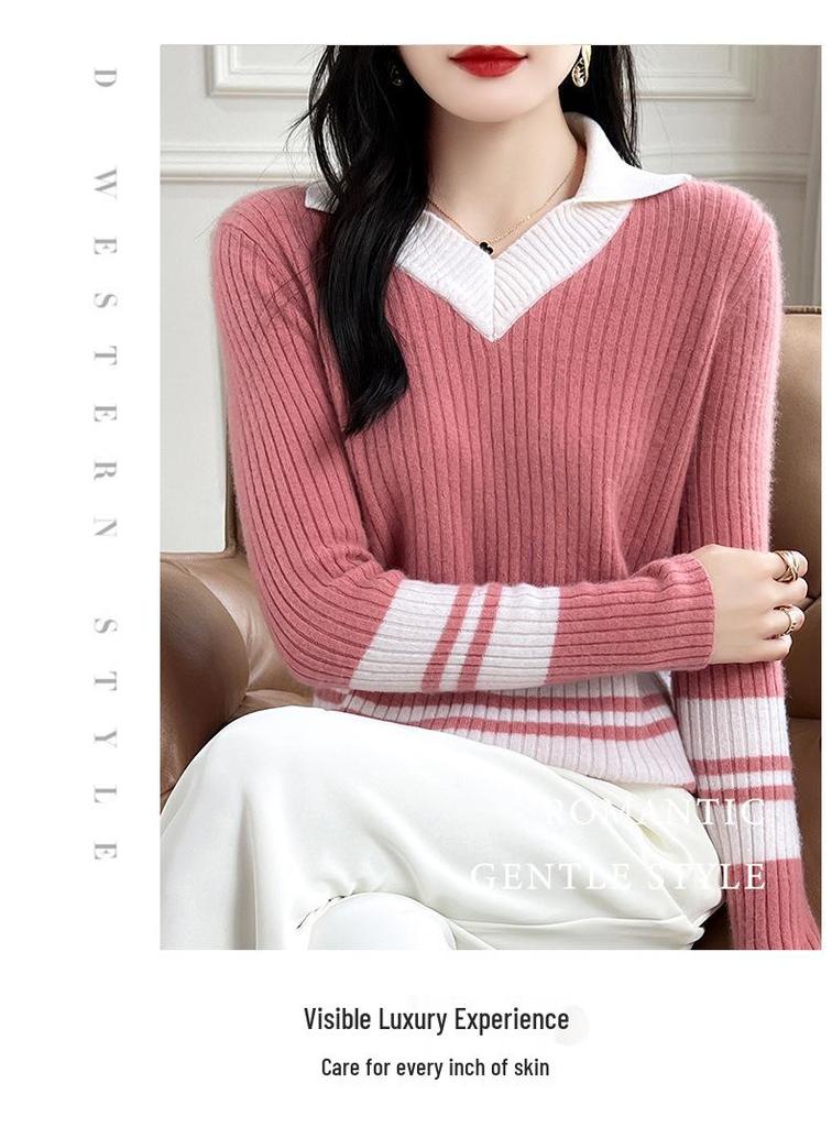 Women's College-Style V-Neck Striped Wool Knit Sweater for Autumn and Winter