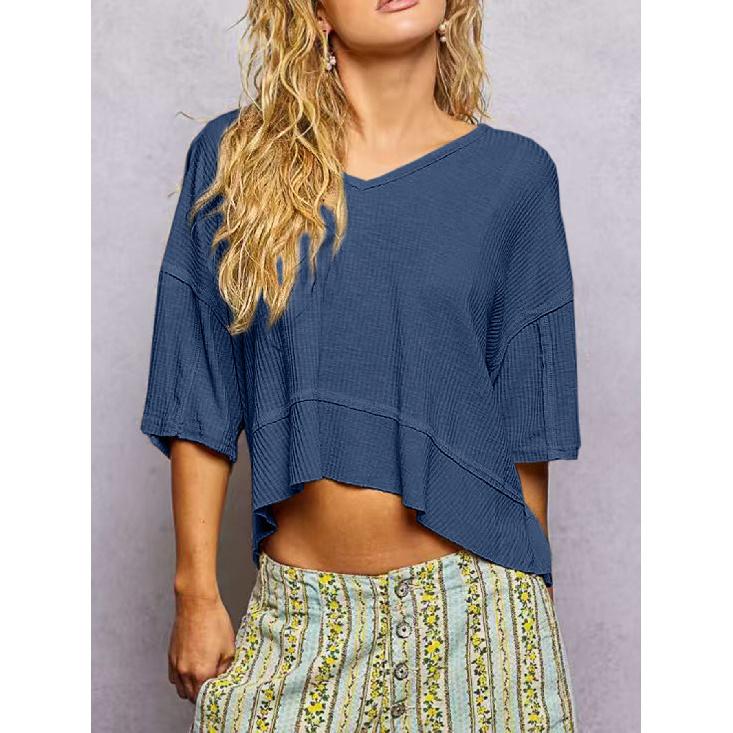 2026 Summer New Casual Lazy Style V-Neck Women s Short Sleeve Solid Color Top S синий