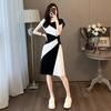 French Retro Contrasting Color Dress Summer New Temperament Wind Waist Thin Black and White Splicing Casual Skirt