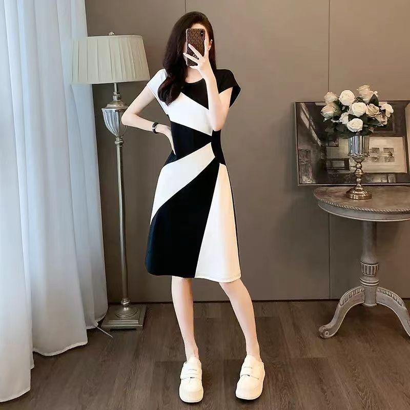 French Retro Contrasting Color Dress Summer New Temperament Wind Waist Thin Black and White Splicing Casual Skirt
