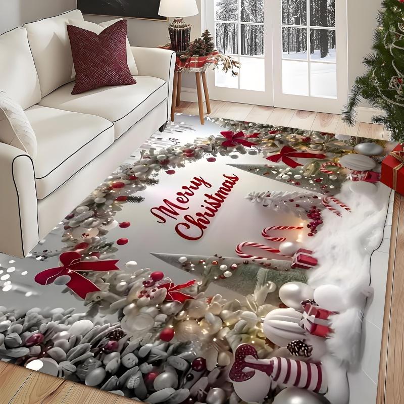 Snowman Family Christmas Area Rug Glitter Poinsettia Carpet Living Room Reading Nook Armchair Area Sitting Room Mat