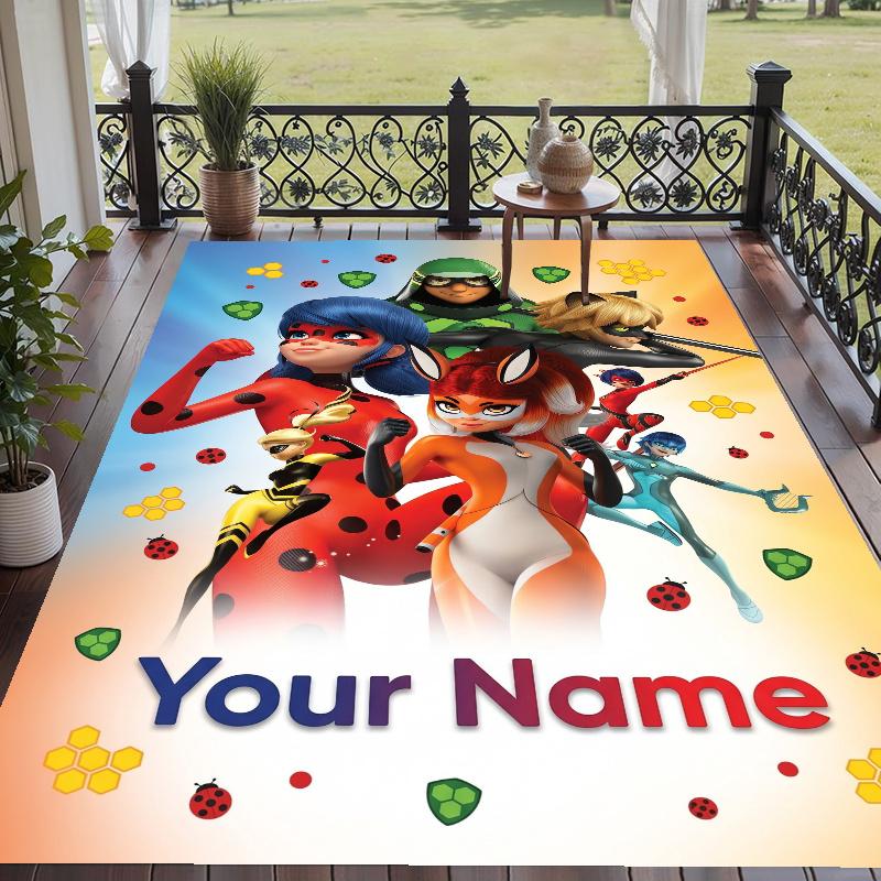 Custom Name Miraculous Ladybug Crystal Velvet Floor Rug Personalized Text Soft Carpet Home Decor