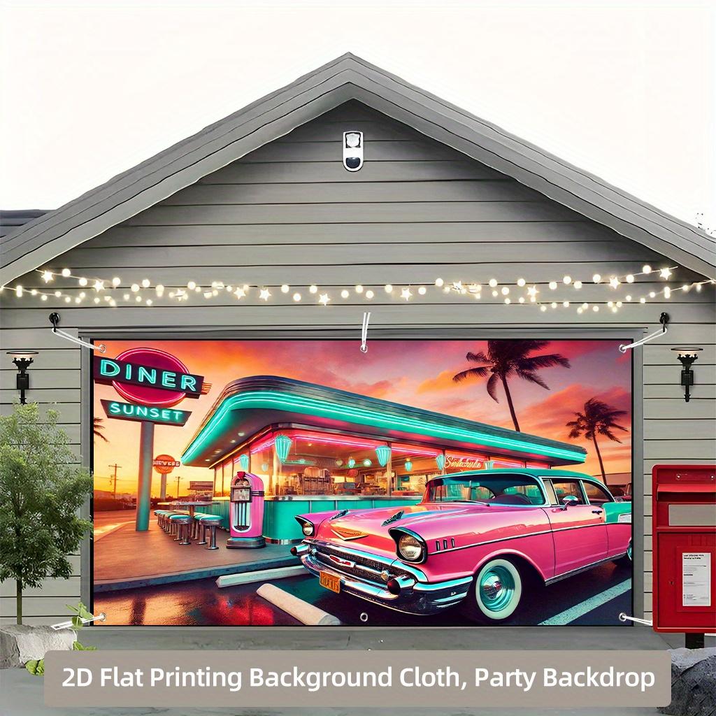 One 2D Background Banner a Classic Pink Car In a Restaurant Scene Garage Polyester Fiber Background Cloth