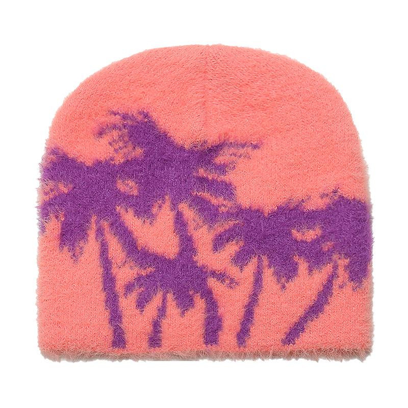 Autumn and winter thermal hat women's outdoor plush beanie hat brimless cap coconut tree jacquard wool hat imitation mink hair