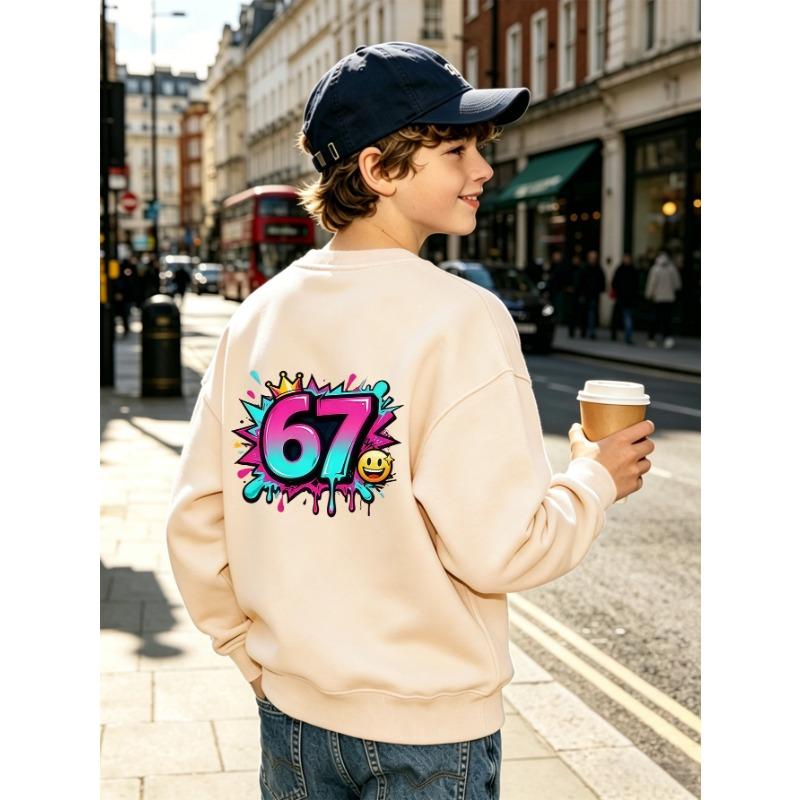 Unisex Kids Crewneck Sweatshirt, Gradient Graffiti Crown Smile Face 67 Print Pullover, Boys Girls Birthday Sweatshirt For Kids Over 4 Years Old