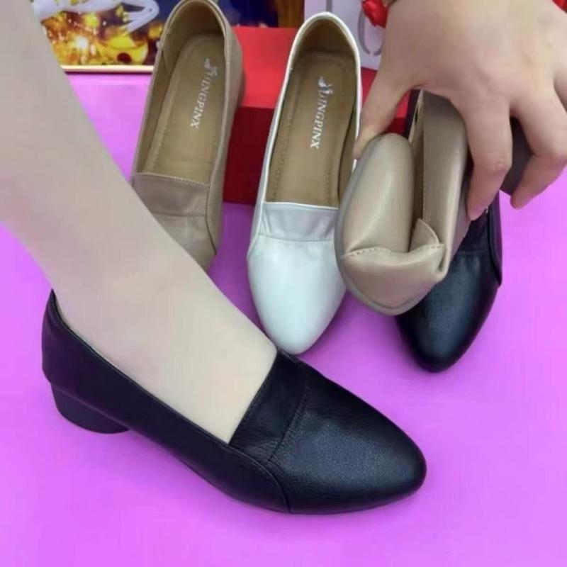 Summer thick heel single shoes women's spring new soft sole not tired feet women's leather shoes shallow mouth low heel one pedal