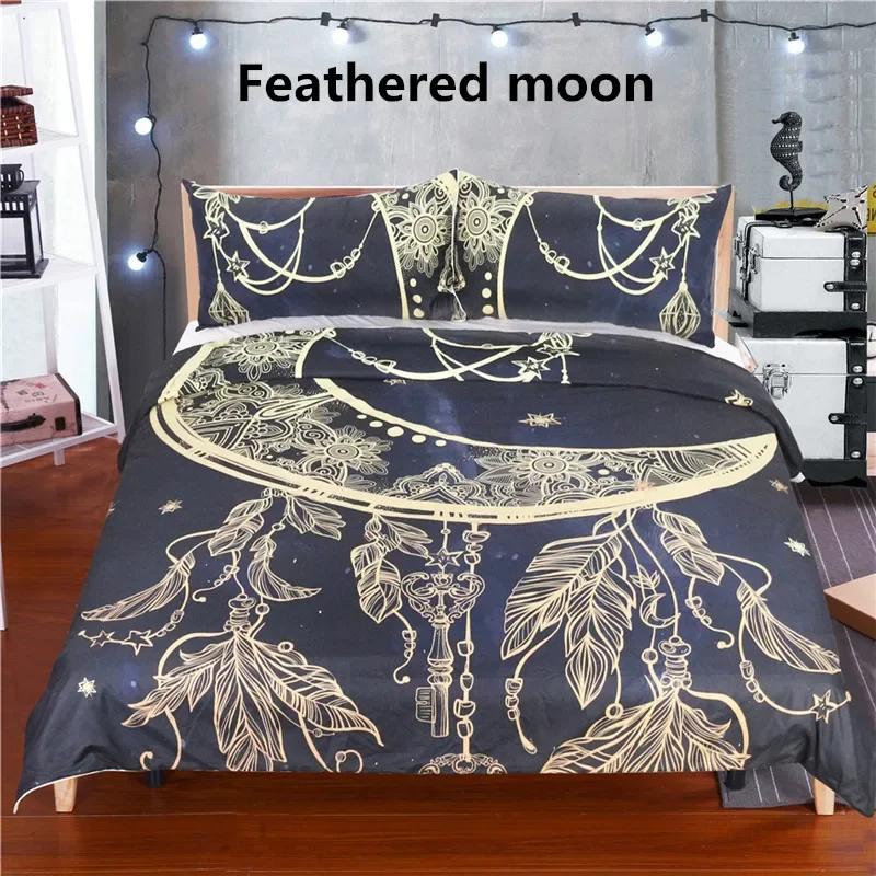 Dropship Schönes Familien Weiches Bettbezug-Set Schwarzes Bettwäsche-Set Traumfänger Galaxie Boho Bettwäsche Heim Bettwäsche Sets 3tlg Gefiedert Mon
