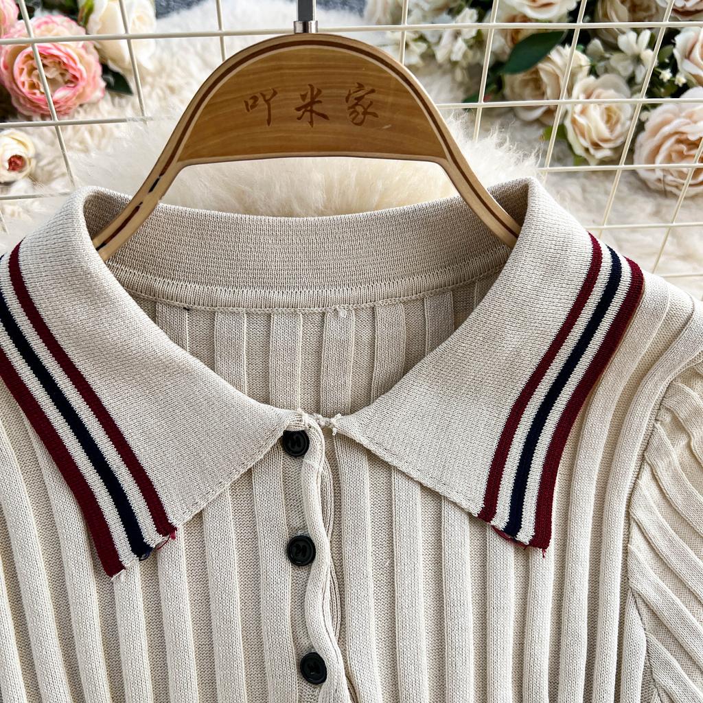 Summer Women College Style Knitted Sweater Two Piece Set Girl Polo Collar Pullover Top and Mini Pleated Skirt Suit