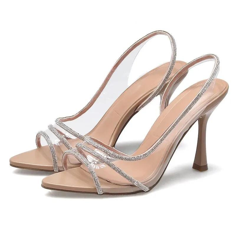 Fashion Women Summer Rhinestone Slingback Pumps Office Lady Transparent Heeled Sandals Elegant Pointed Toe Female Sexy High Heels