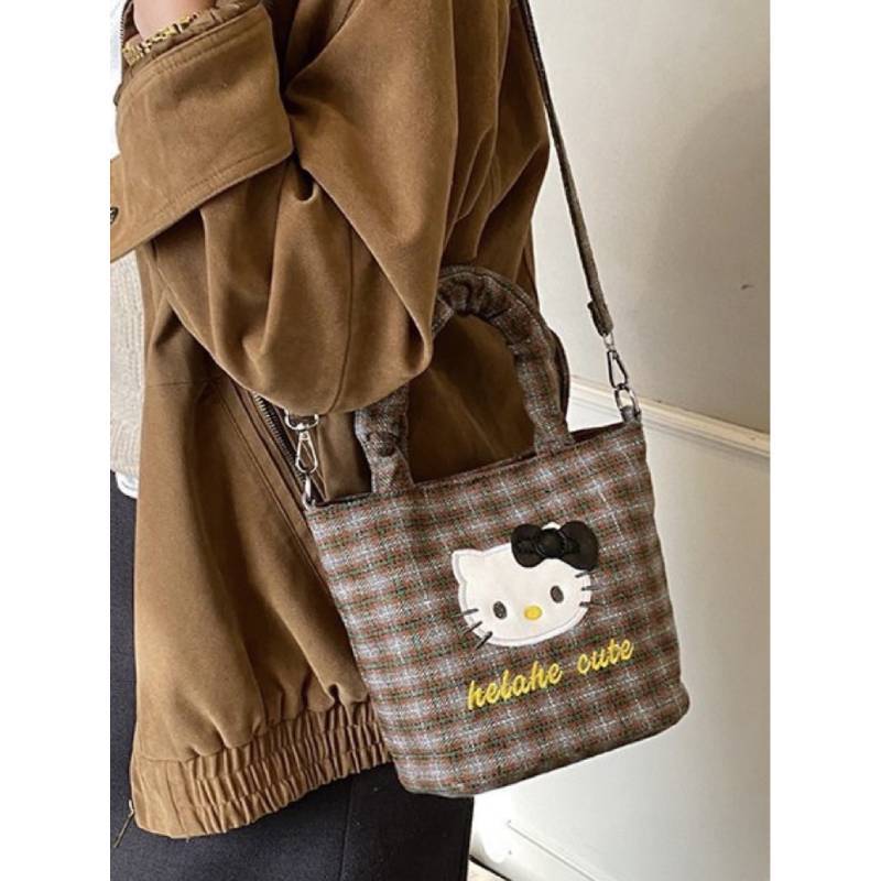 Hello Kitty Canvas Crossbody Bag With Padded Compartments For Casual Outings