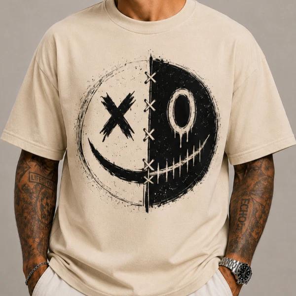 Grunge Y2K Hip Hop Tee Goth Punk Distressed Split Face T-Shirt 2XL