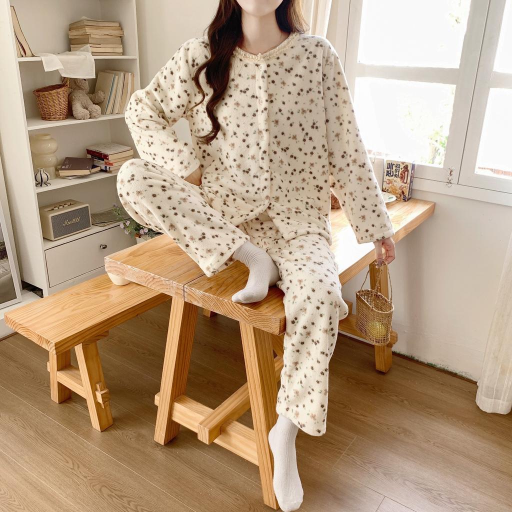 Herbst- und Winter Damen Frischer und Bequemer Pyjama Dick Warm Einfaches Hausanzug-Set