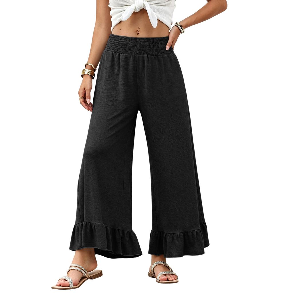 Women Wide Leg Pants Drawstring Waist Elastic High Waist Ruffle Hem Casual Loose Fit Trousers with Pockets Lightweight Soft Fabric
