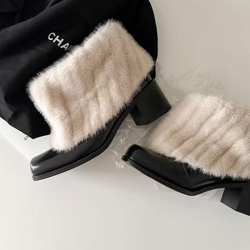 

Cowhide version~ niche high-end high-heeled fluffy boots women s velvet warm square-head snow boots genuine leather short boots cotton boots 40