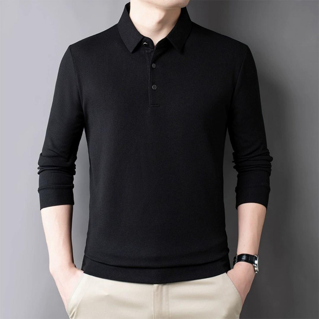 

Men s Long-sleeved T-shirt Spring and Autumn Solid Color Lapel Waffle POLO Shirt Casual T-shirt S чорний