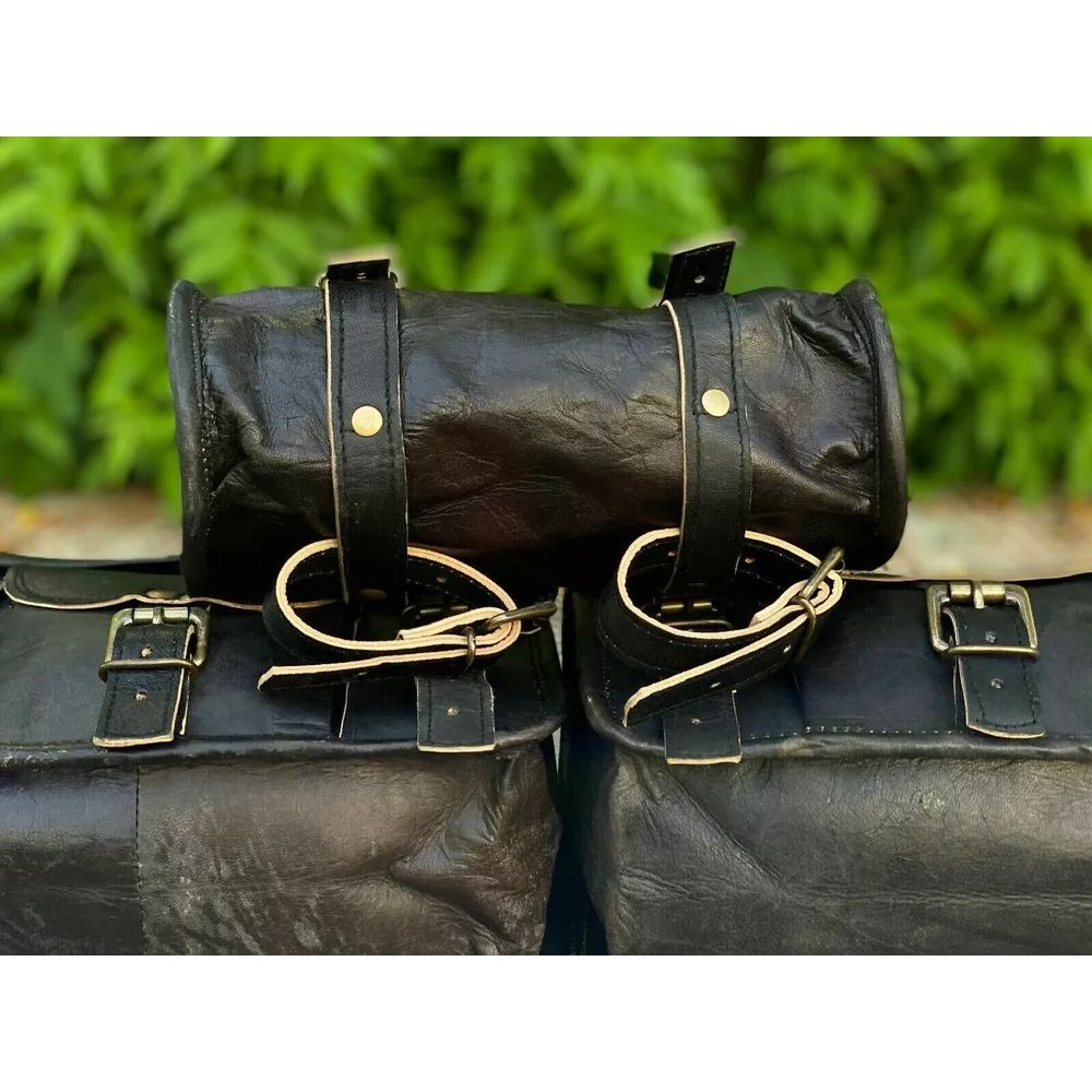 Saddle Bags Three Black Leather Motorcycle Side Pouch Panniers 3 Bags Combo Pack