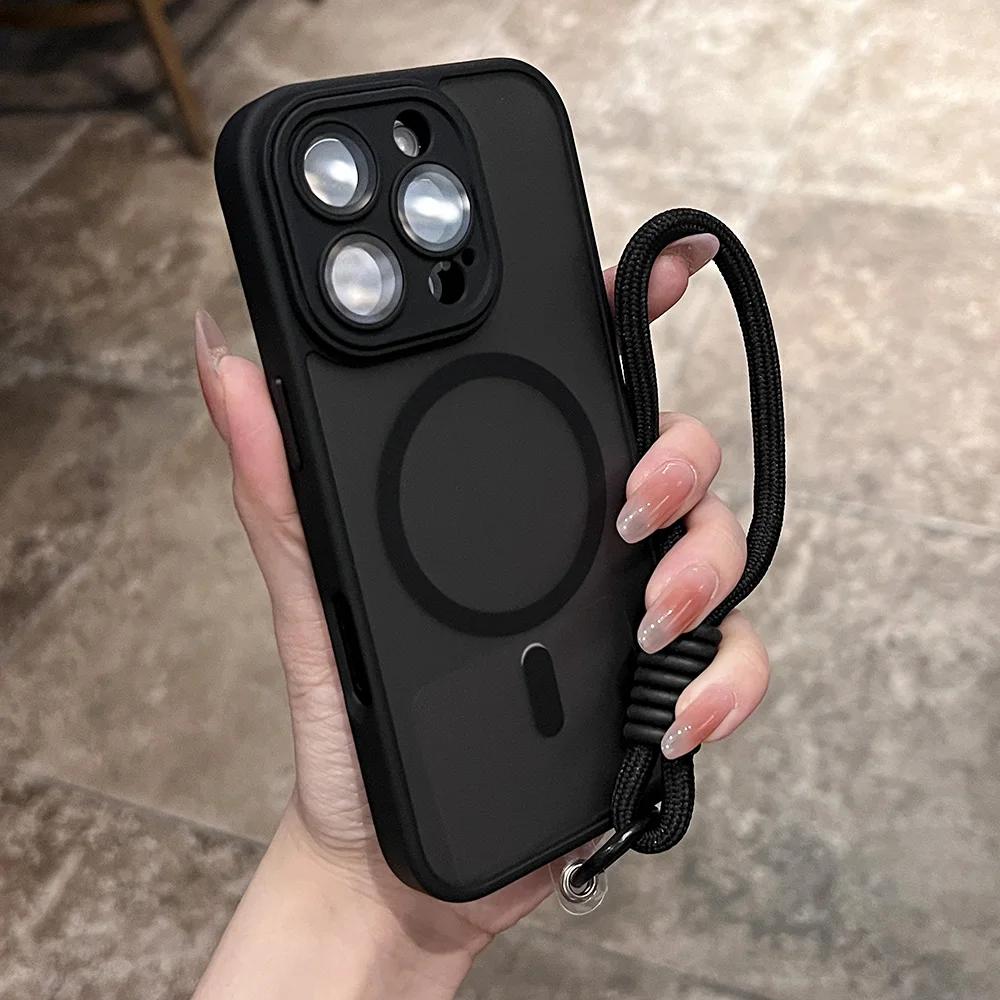 Clear Matte Magnetic Case For For Iphone 16 14 13 Mini 1 12 11 17Pro Max Plus Lanyard Wrist Strap Shockproof Bumper Cover