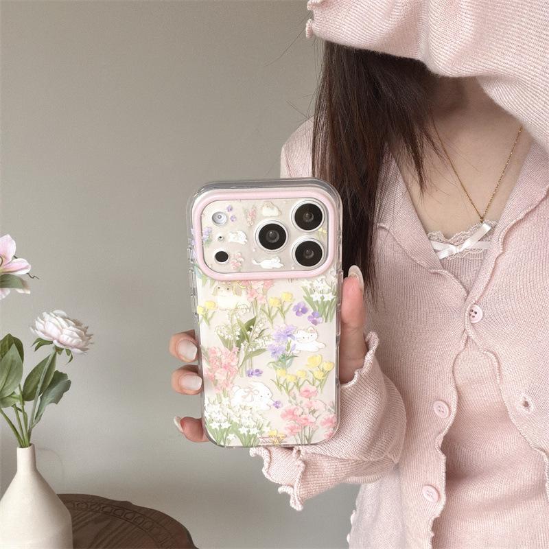 Colorful Flower Bed Kitten Chain Phone Case for iPhone 17/16 Pro Max/15 Pro