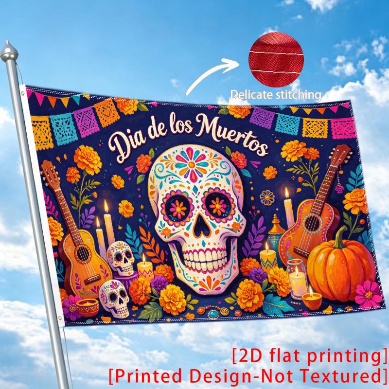 2D Flat, 1pc Day of the Dead Sugar Skull Marigold Guitar Candle Holiday 2D Flat Print Festival Design, Single-Sided, Two Hanging Rings, Outdoor Yard D