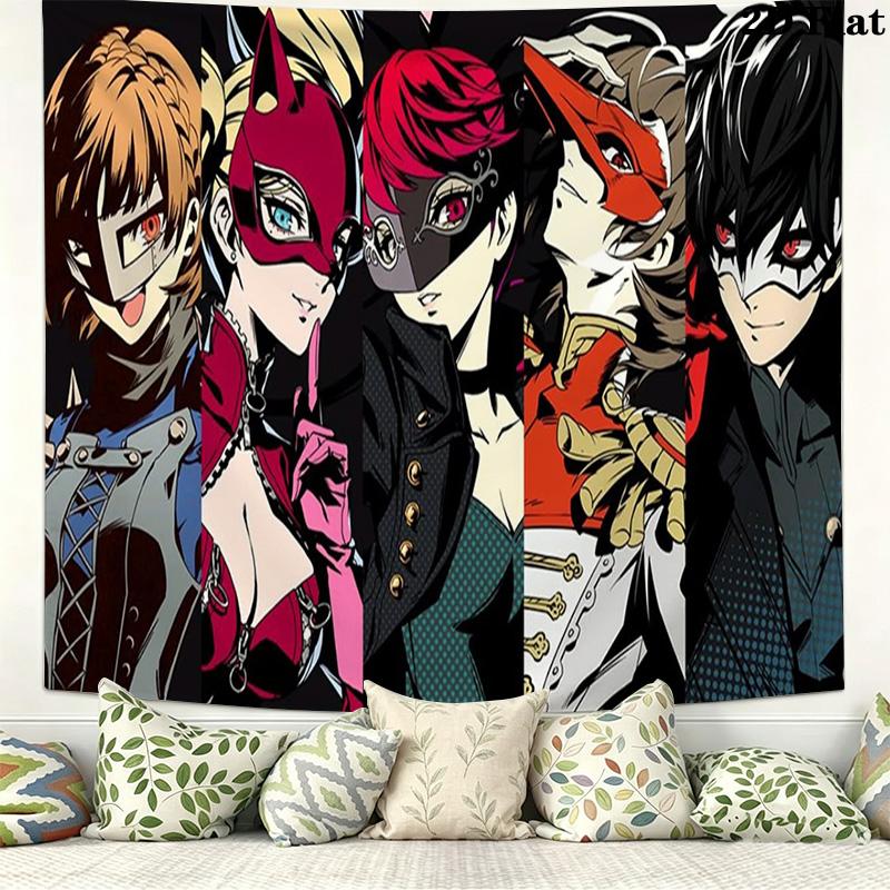 Persona 5 Wall Tapestry Aesthetic Wall Hanging Printed Fabric Blanket Decorative Tapestries for Bedroom Living Room Home Decor
