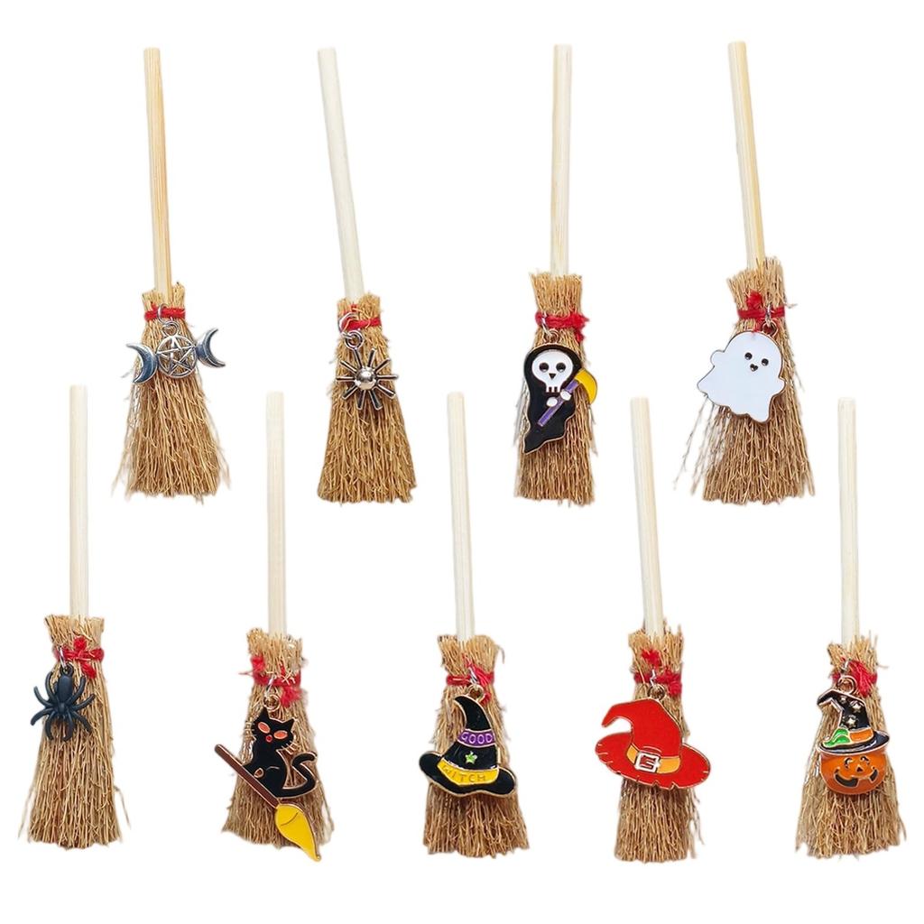 9Pcs Halloween Witch Mini Broom Car Pendant Pumpkin Spider Ghost Festival Party DIY Happy Halloween Day Gift