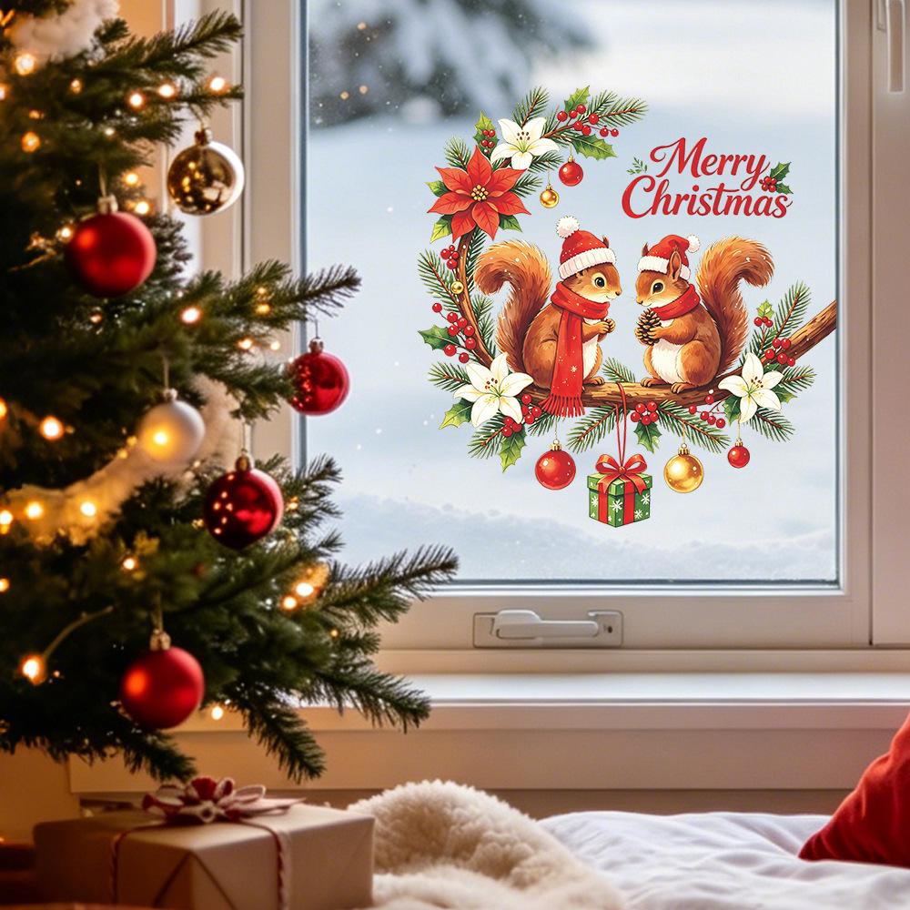 Watercolor Christmas Sticker Squirrel Wreath on Balcony Glass Window for Home Decoration and Beautification Window Sticker