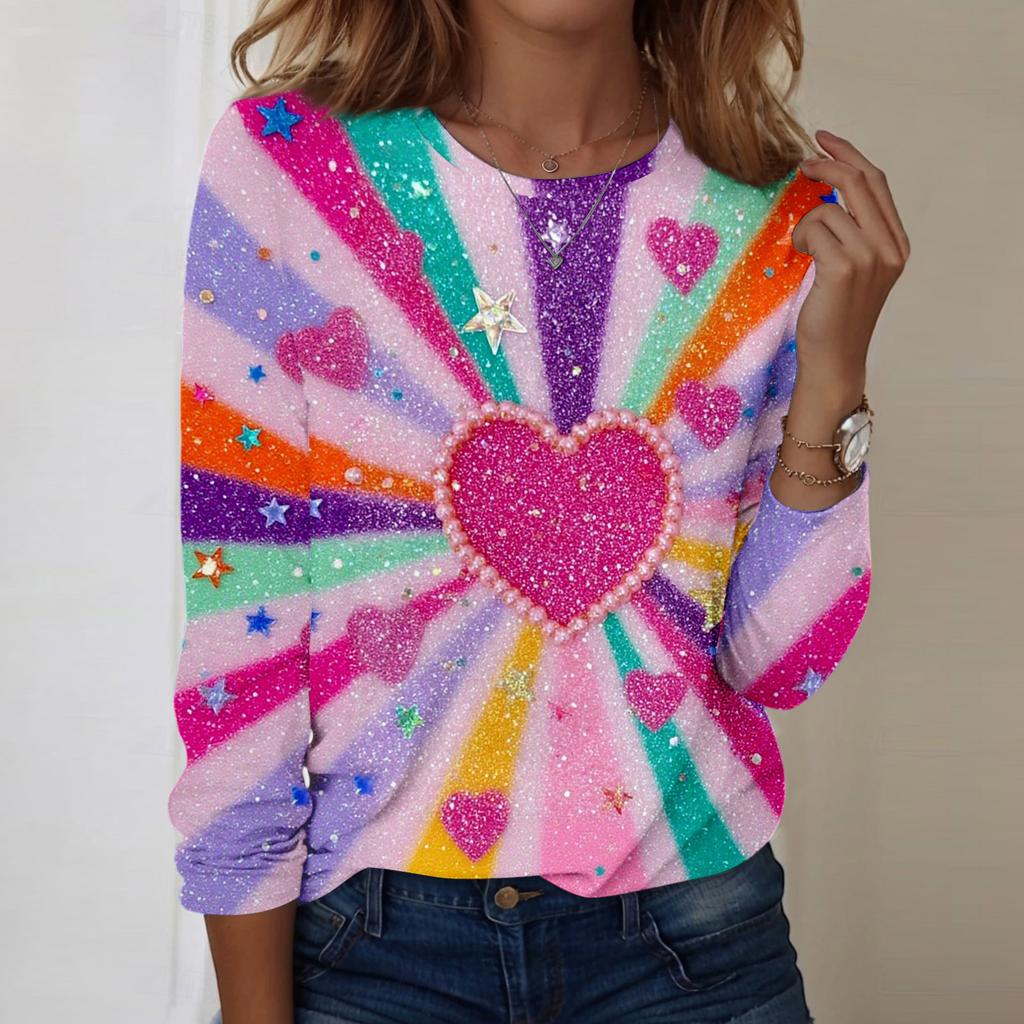 Women's Casual Long,sleeved Valentine's Day Printed Round Neck Top