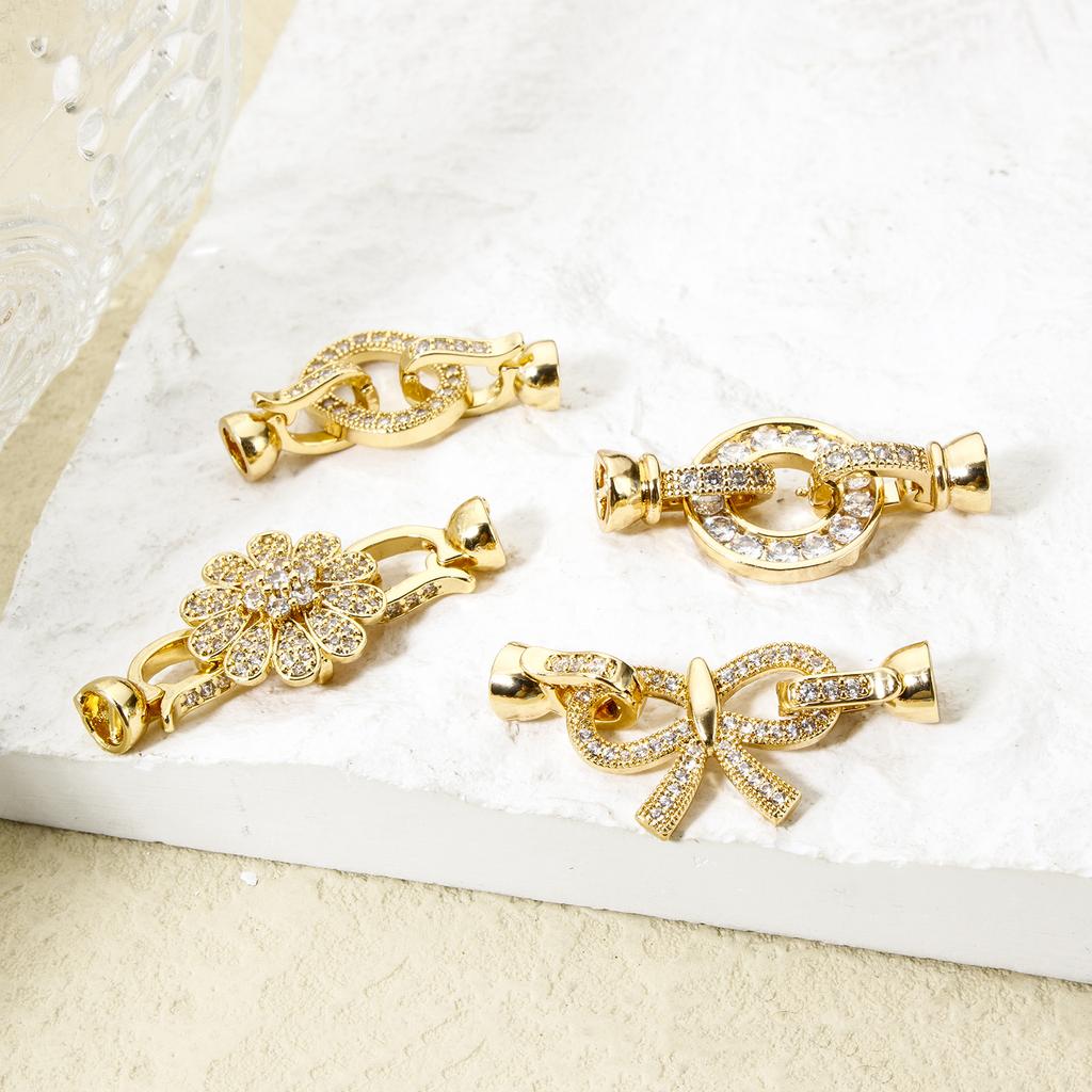 1pc Brass Fold Over Clasps Bowknot Flower 18K Gold Plated Clear Cubic Zirconia Women Fashion Jewelry Findings