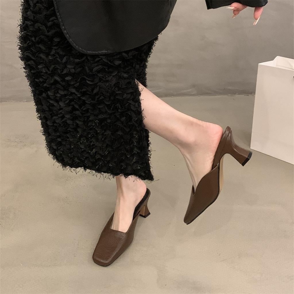 Temperament high-heeled bag head half slippers outer wear women's shoes spring and summer thick heels are not tired feet shallow single shoes