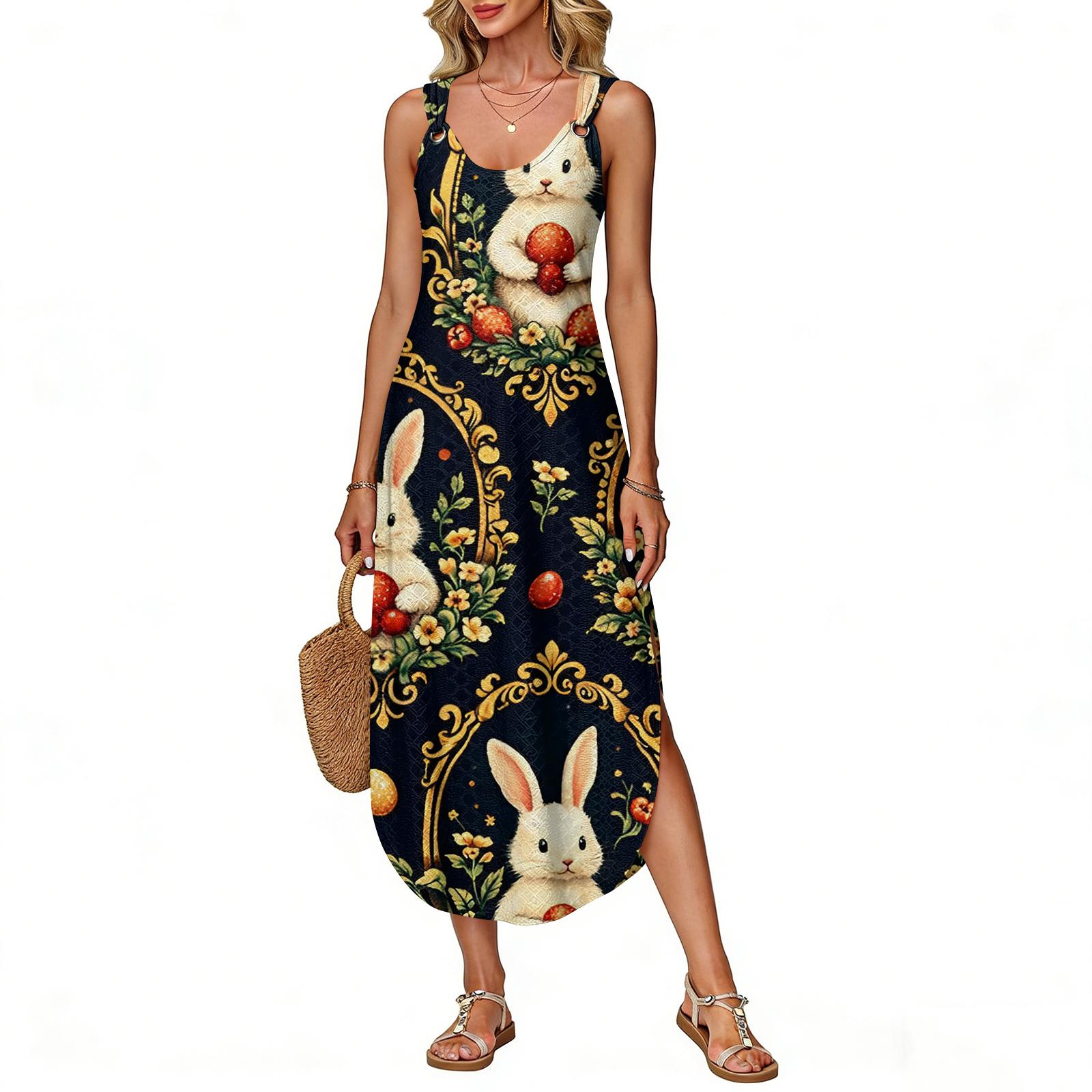 Women s Summer Long Dress, Sleeveless With Side Slit, Long Easter Printed Vest Dress L