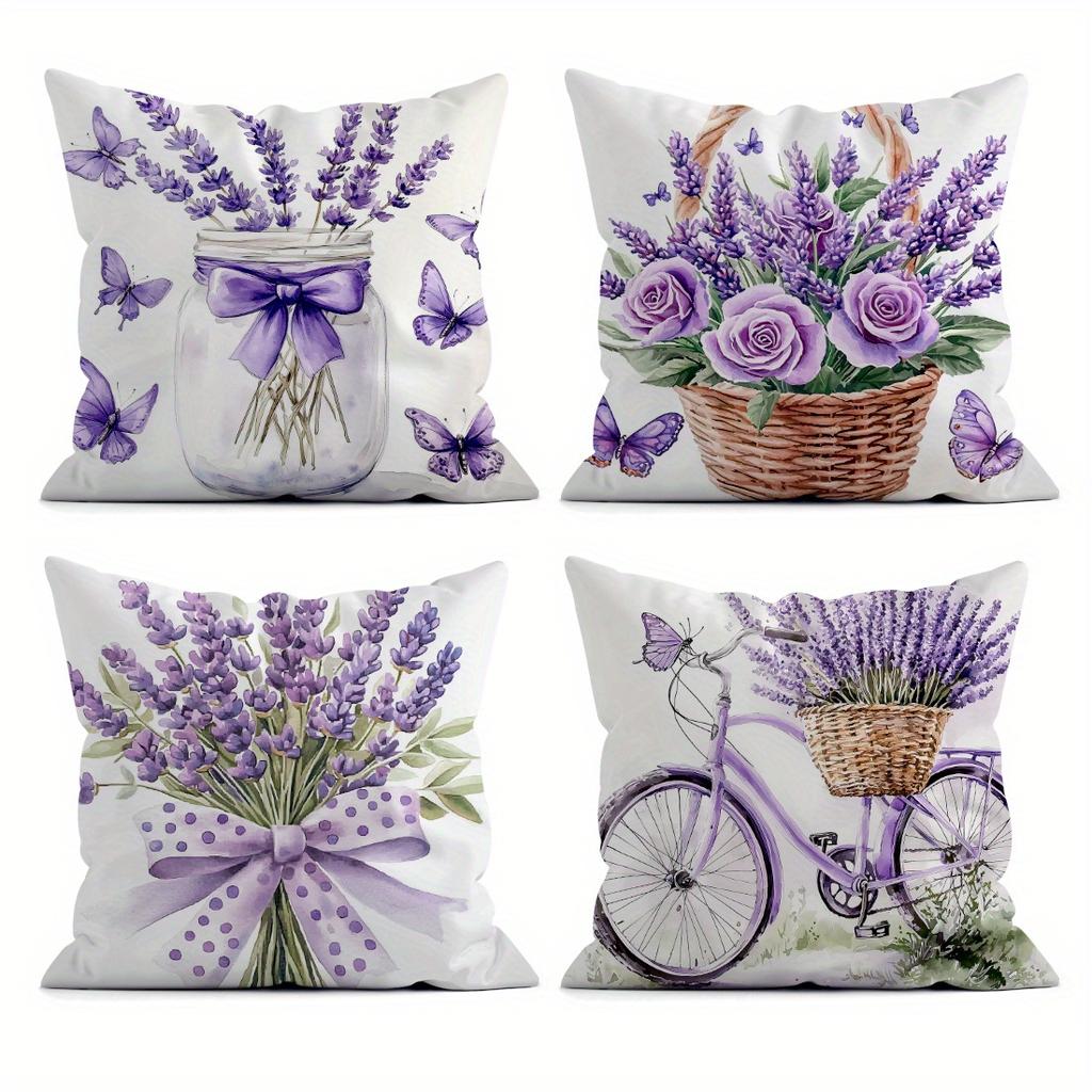 4pcs Purple Lavender Single-Sided Printed Throw Pillow Covers for Sofa, Insert Not Included