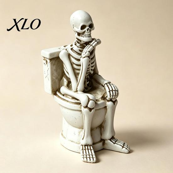 Creepy Home Accents Skeleton on Toilet Figurine, Funny Gothic Bathroom Statue, Spooky Figurines Halloween Resin Ornament for Office Shelf Desk Decor