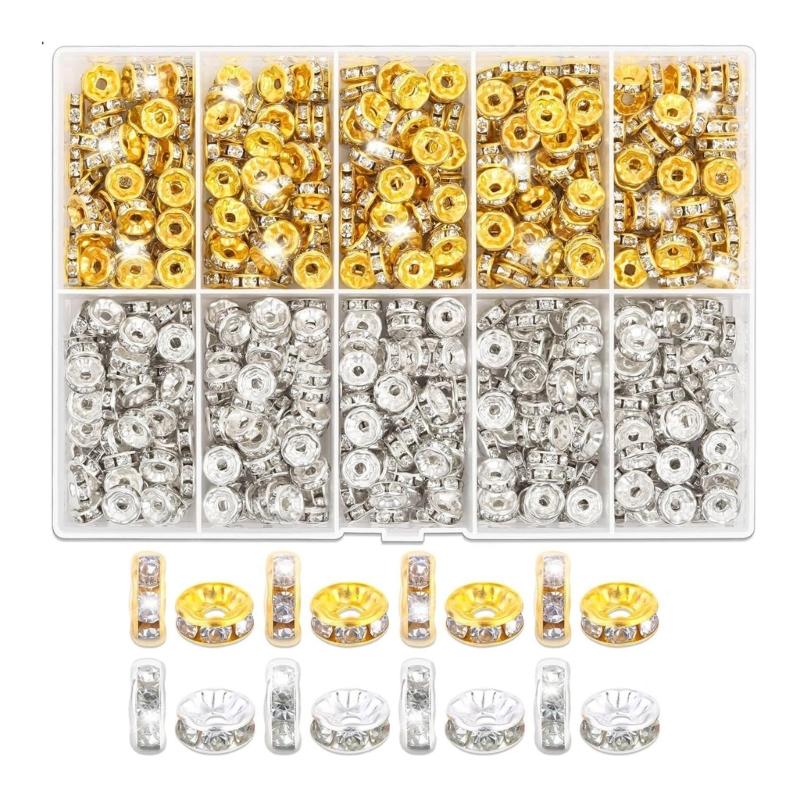 

600/720/900Pcs Rhinestones Spacer 8mm Sparkling Rondelle Spacer Beads Flat Round Beads for Bracelets Jewelry Making