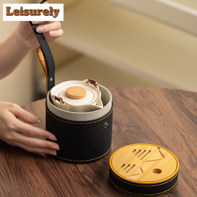 Cream Style Travel Tea Set Kit Handmade Set Of Cups 1 Pot 2 Cups Tea Making Organizer Portable Camping Handbag Accessories Craft