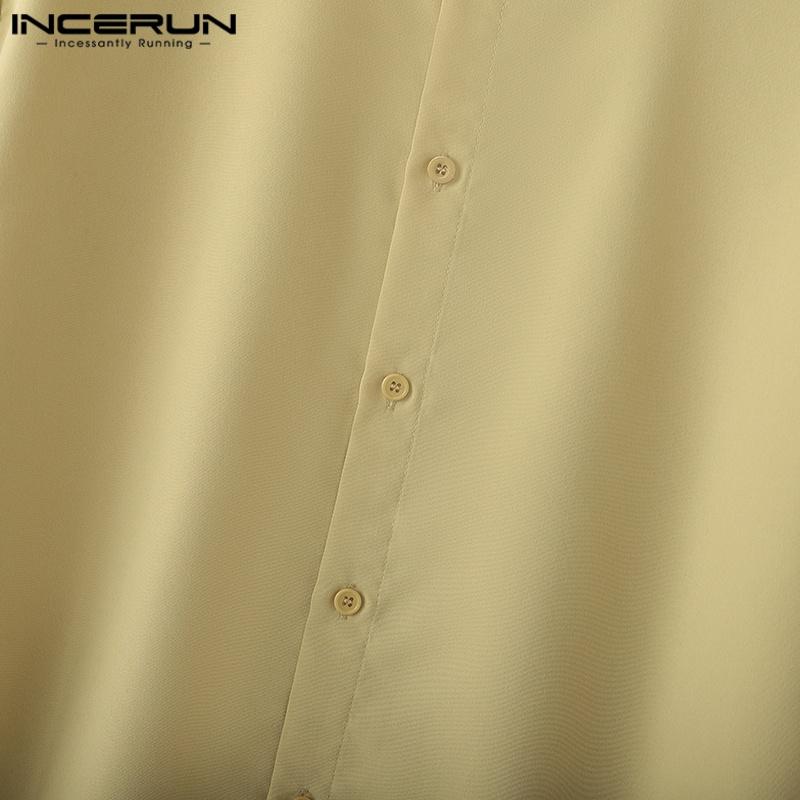 INCERUN Men Collarless Short Sleeve Button Down Casual Loose Shirts Tops