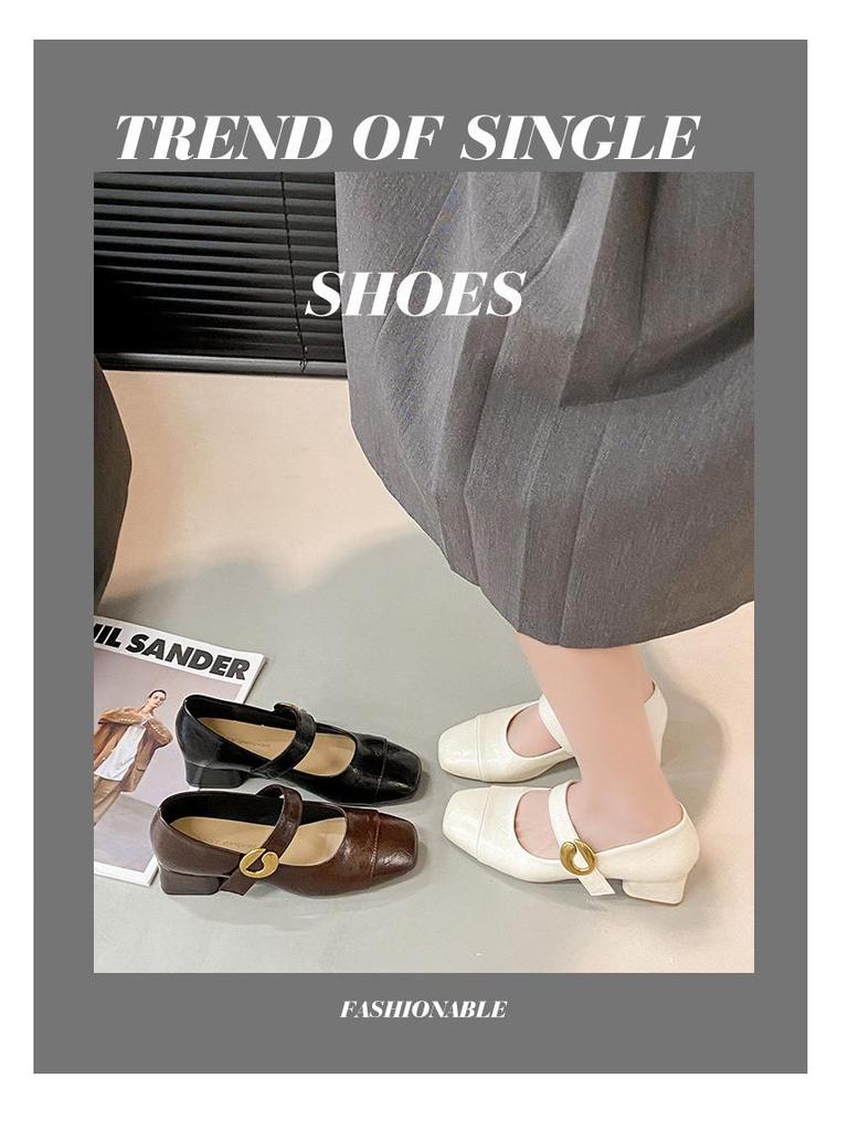 2025 Autumn Korean-Style Mary Janes: Soft Leather Square-Toe Chunky Heel Mid-Heel Shoes for Women