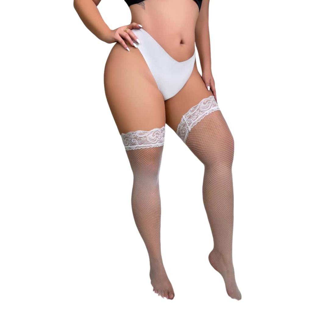 Plus Size Women's Lace Top Mesh Thigh High Sheer Stockings Anti Skid Silicone Fishnet Long Socks Over Knee Stocking Sexy Pantyhose