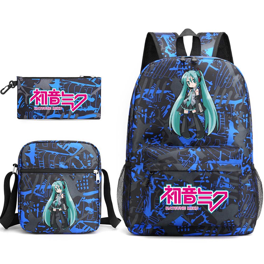 3Pcs/set Anime Cartoon Hatsune Miku Printed Backpack with Shoulder Bag Pencil Case for Teenager Student Boy Girl Large Capacity Waterproof School Bag