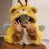 2026 Women's Cute Bee Bear Coral Fleece Pajamas & Flannel Bathrobe - Winter Wearable for Indoors & Outdoors