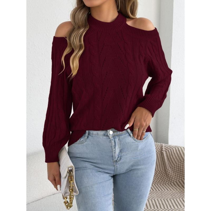 Womens Casual Solid Off Shoulder Long Sleeve Pullover Sweater