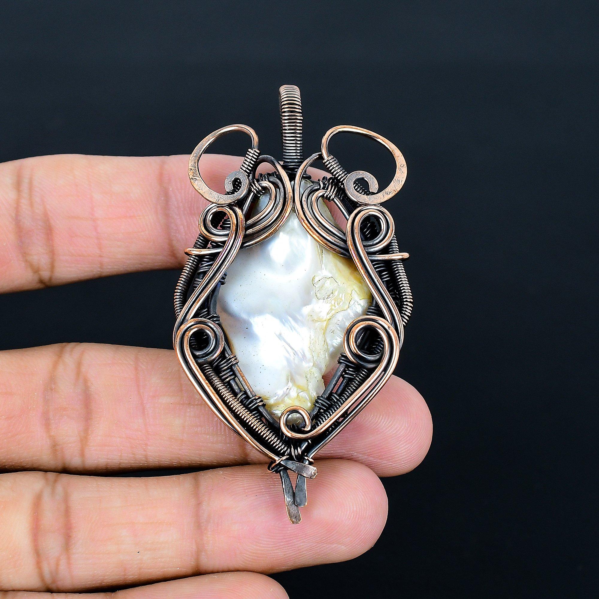 

Biwa Pearl 999 Copper Wire Wrapped Pendant, Handmade Gemstone Pendant Jewelry, Gifts For Wife Brand New Pendant 2.55 Inches