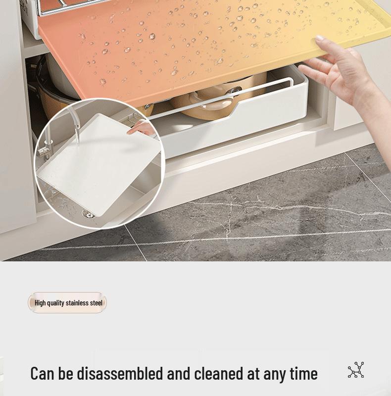Auszugbarer Topf- und Pfannenorganizer aus Edelstahl mit Besteckfach und Geschirrständer