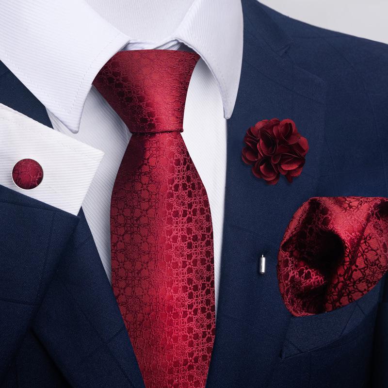 Brown Paisley Men's Tie, Pocket Square, Cufflinks & Boutonniere Set for Business Formal Wear.